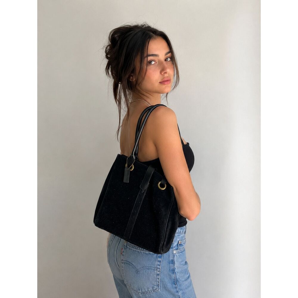 Vintage Y2K 90s Bath & Body Works Suede Leather Classic Black Tote Shoulder Bag